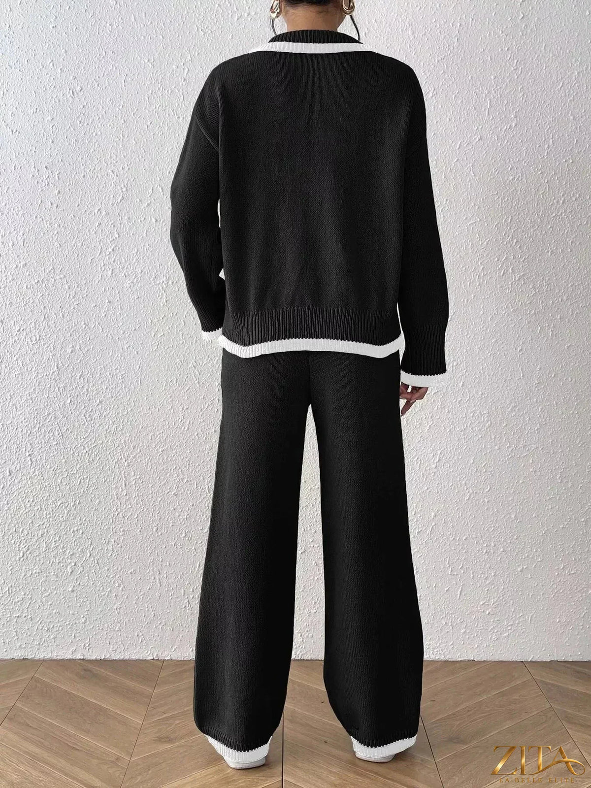 Zita La Belle Elite contrast trim polo collar top and pants sweater set, soft knit fabric with stylish detailing and comfortable fit.