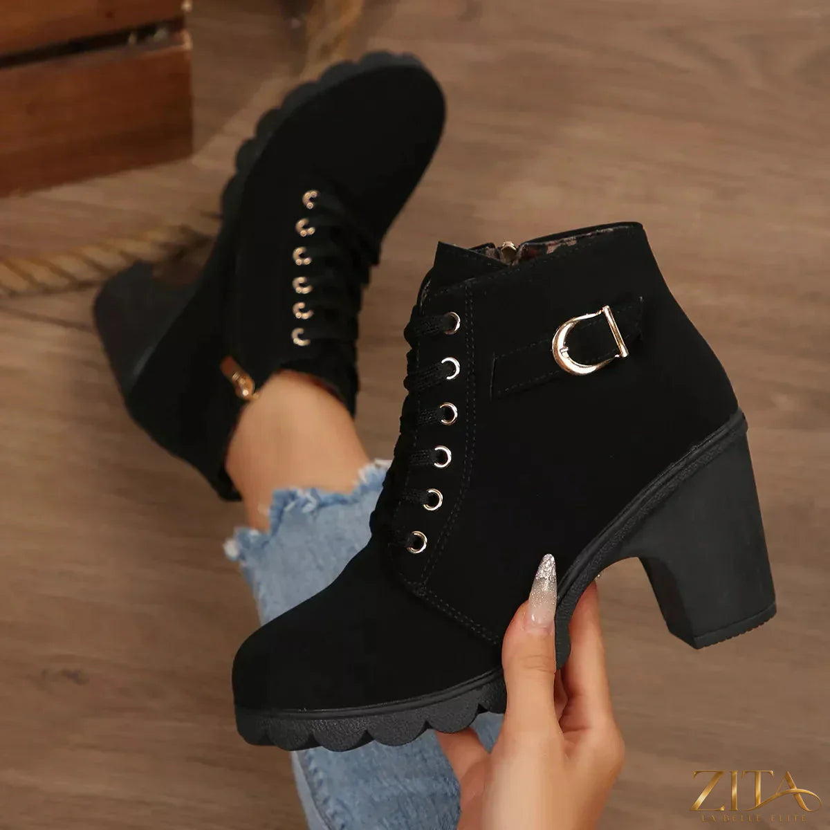 Zita La Belle Elite lace-up buckle chunky heel ankle boots with stylish design and sturdy soles.