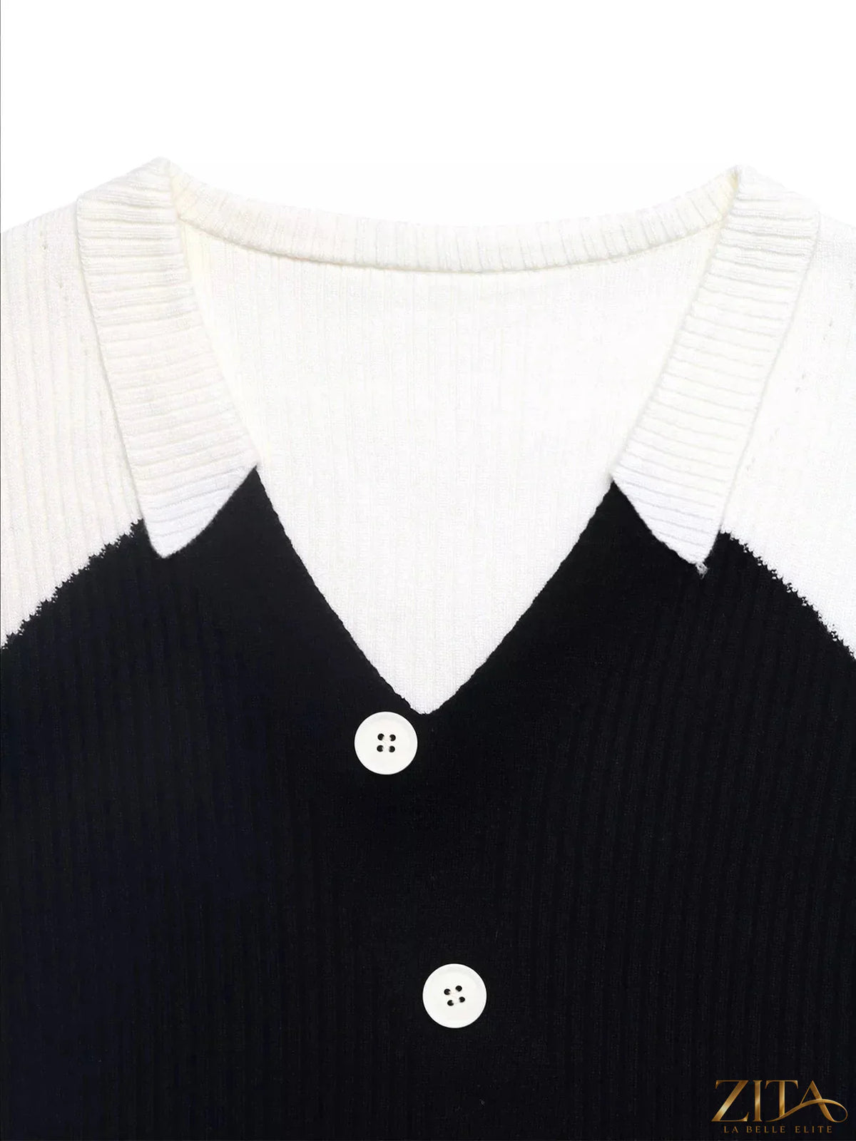 Color block V-neck sweater by Zita La Belle Elite featuring vibrant color panels and a classic fit, displayed on a neutral background.