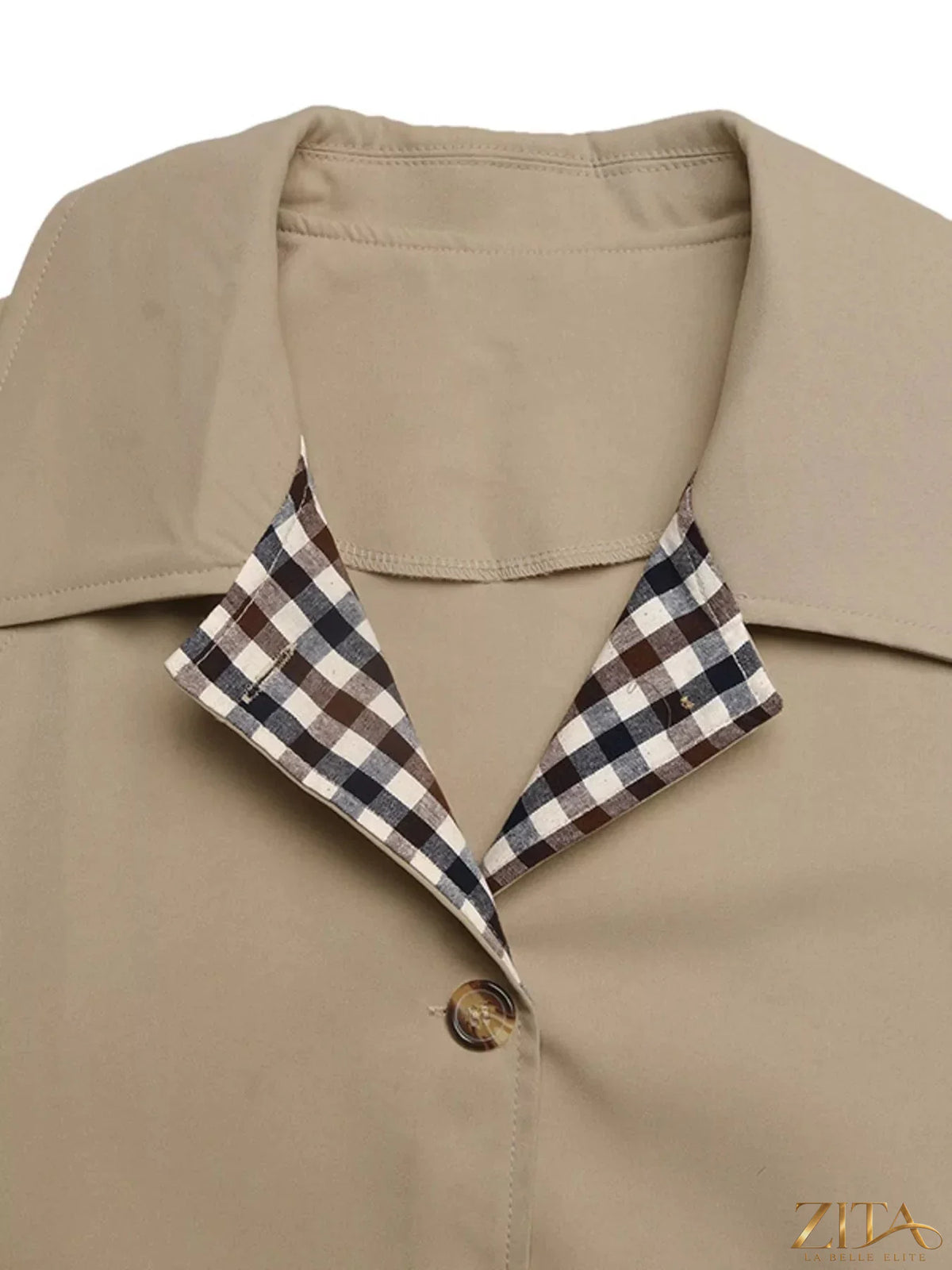 Zita La Belle Elite checkered lining button-up trench coat with classic collar and belted waist, stylish and lightweight outerwear.
