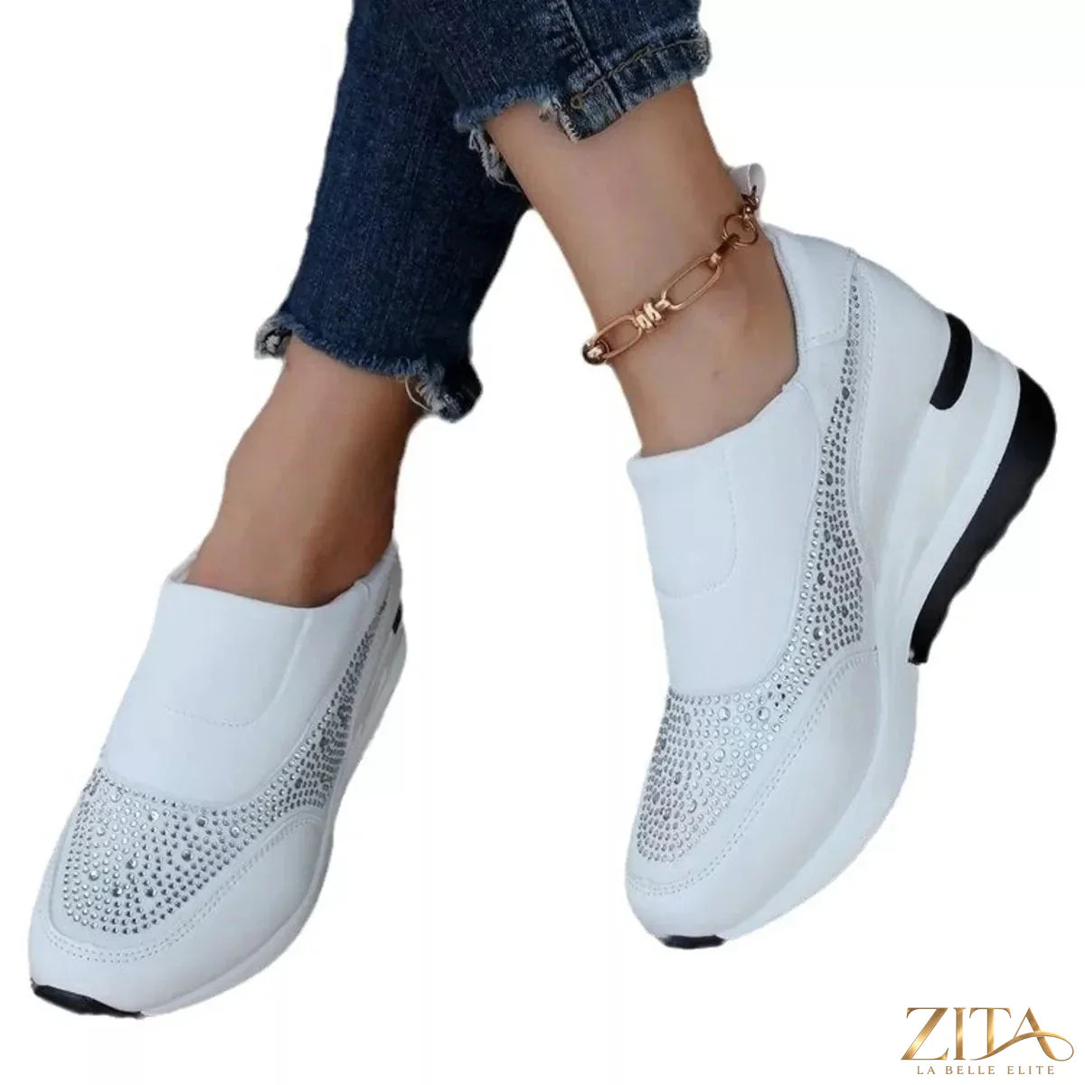 Zita La Belle Elite rhinestone embellished wedge sneakers with sparkling details and comfortable design, shown from the side view.
