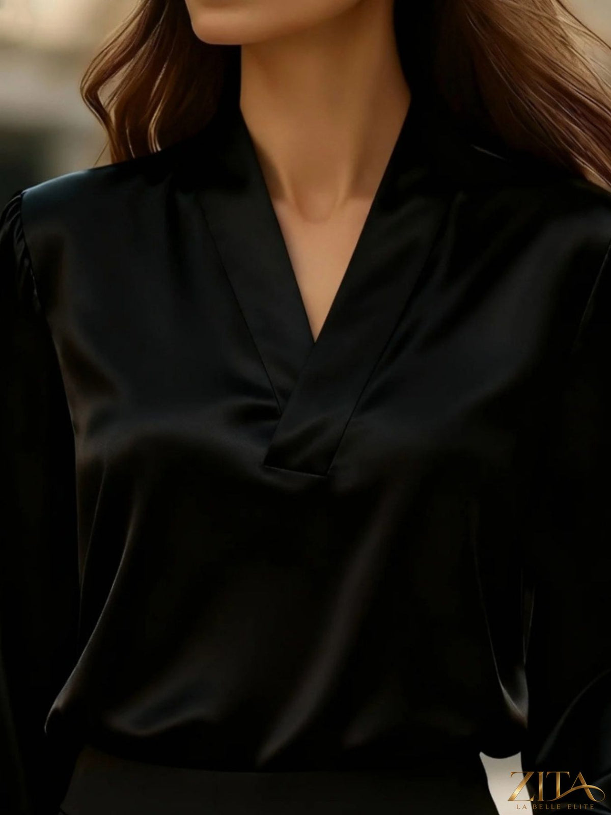 Zita La Belle Elite V-neck long sleeve satin blouse in a smooth, shiny fabric, shown in a stylish, elegant fit.