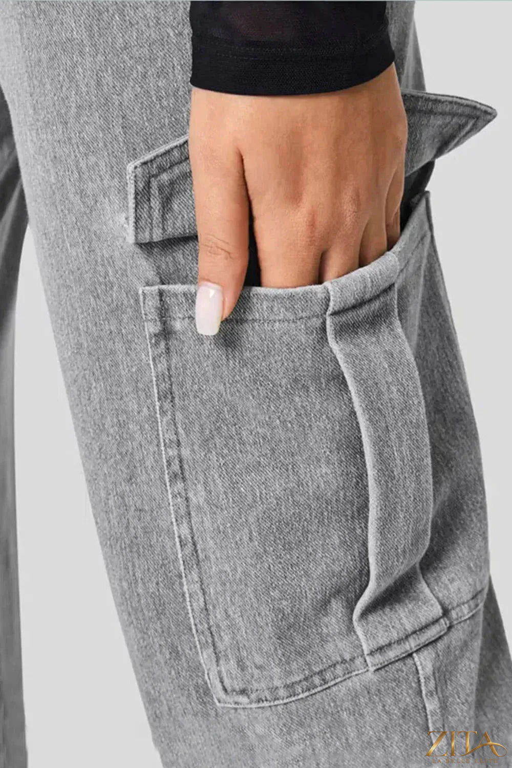 High waist straight leg cargo jeans by Zita La Belle Elite, featuring multiple pockets and a classic denim style.