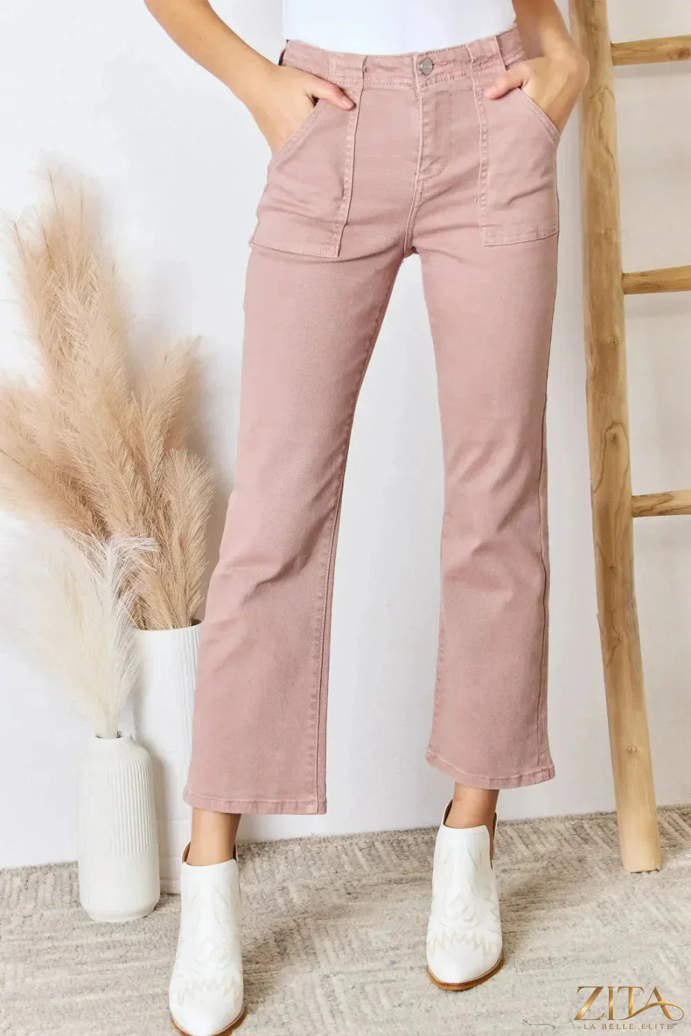 Zita La Belle Elite RISEN full size high rise ankle flare jeans displayed on a model, showcasing a fitted waist and flared leg style.