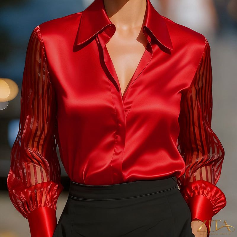 Zita La Belle Elite satin lapel collar sheer long sleeve blouse, casualwear, elegant and lightweight with delicate fabric.