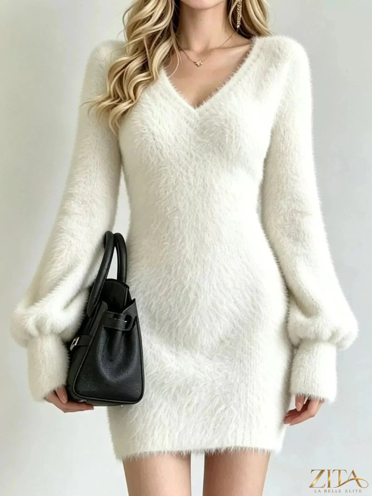 Zita La Belle Elite fuzzy knit V-neck sweater dress with long sleeves, cozy and stylish for fall and winter wear.