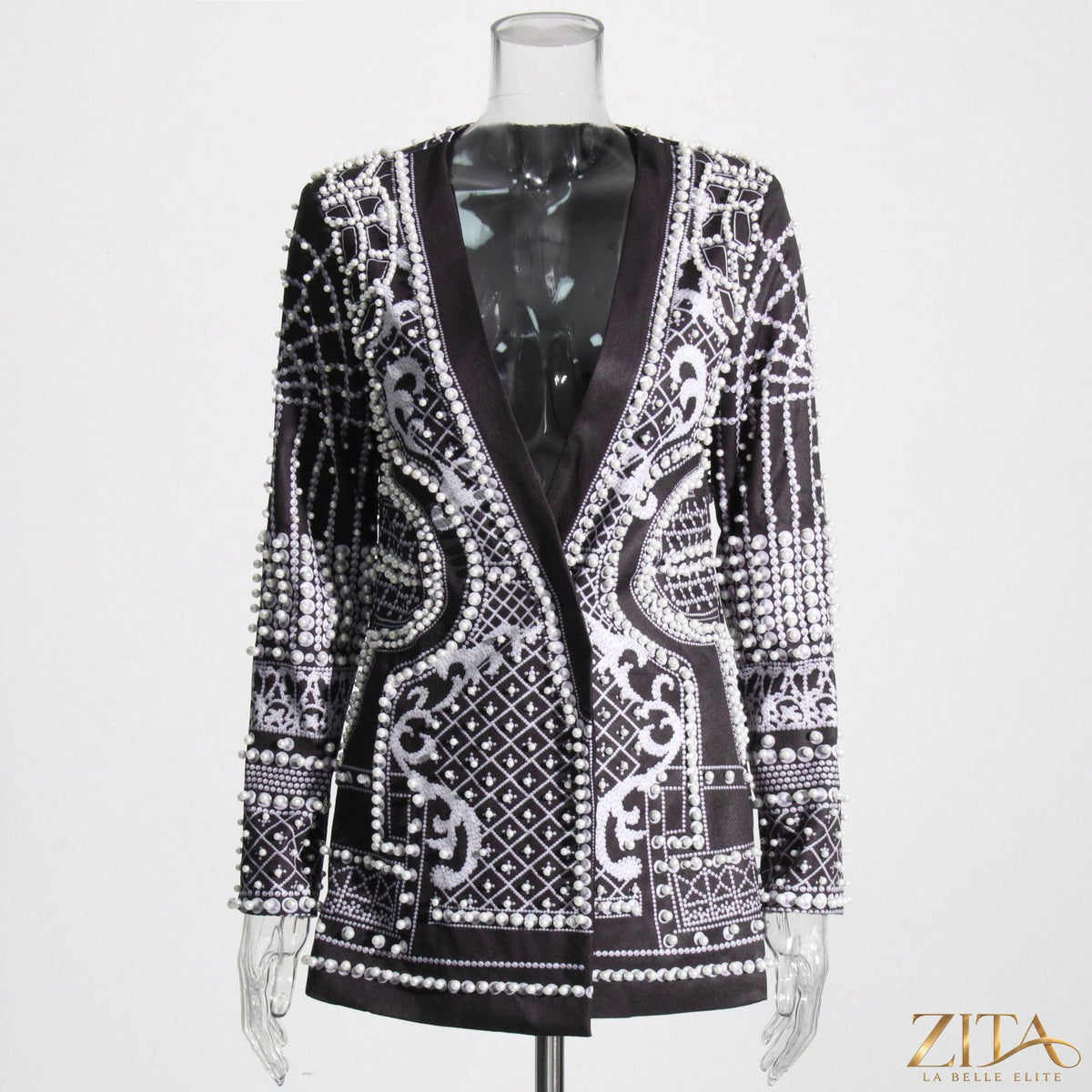 Pearl-bead printed petite blazer for women by Zita La Belle Elite, featuring a tailored fit and elegant pearl details.