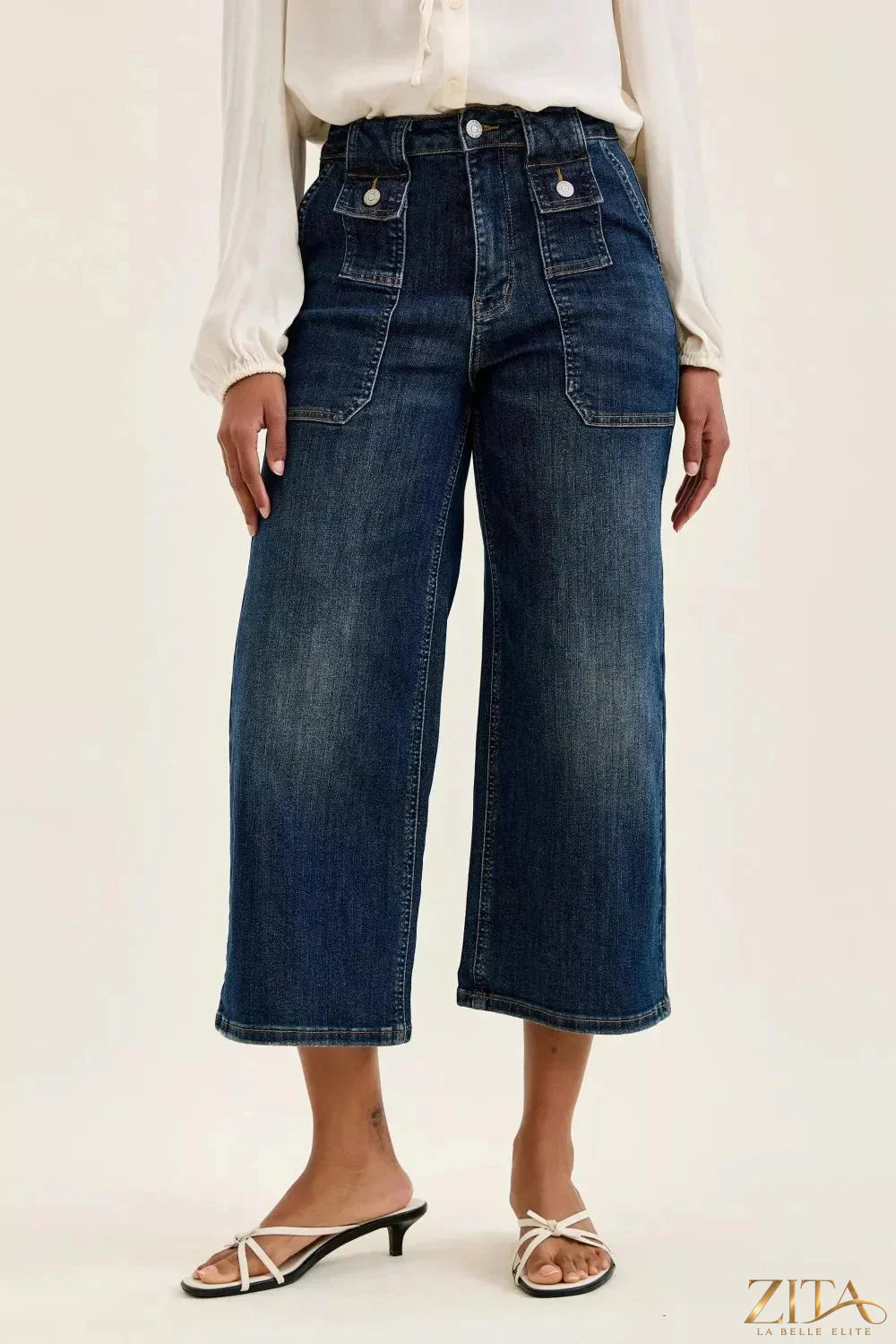 Zita La Belle Elite Judy Blue high waist wide crop utility jeans with patch pockets, featuring a stylish denim design.