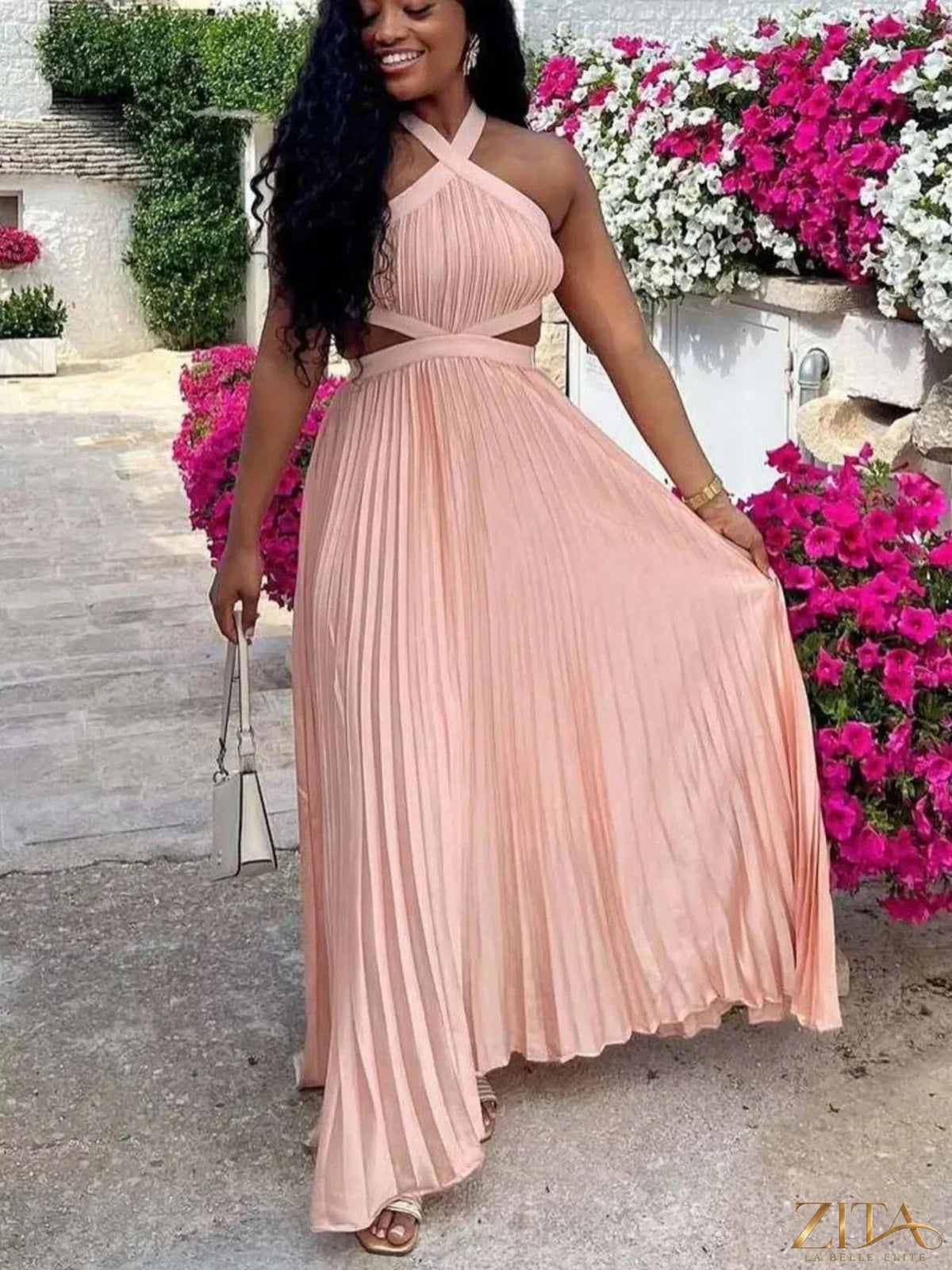 Zita La Belle Elite halter neck pleated maxi dress in flowy fabric, featuring a fitted bodice and elegant length.