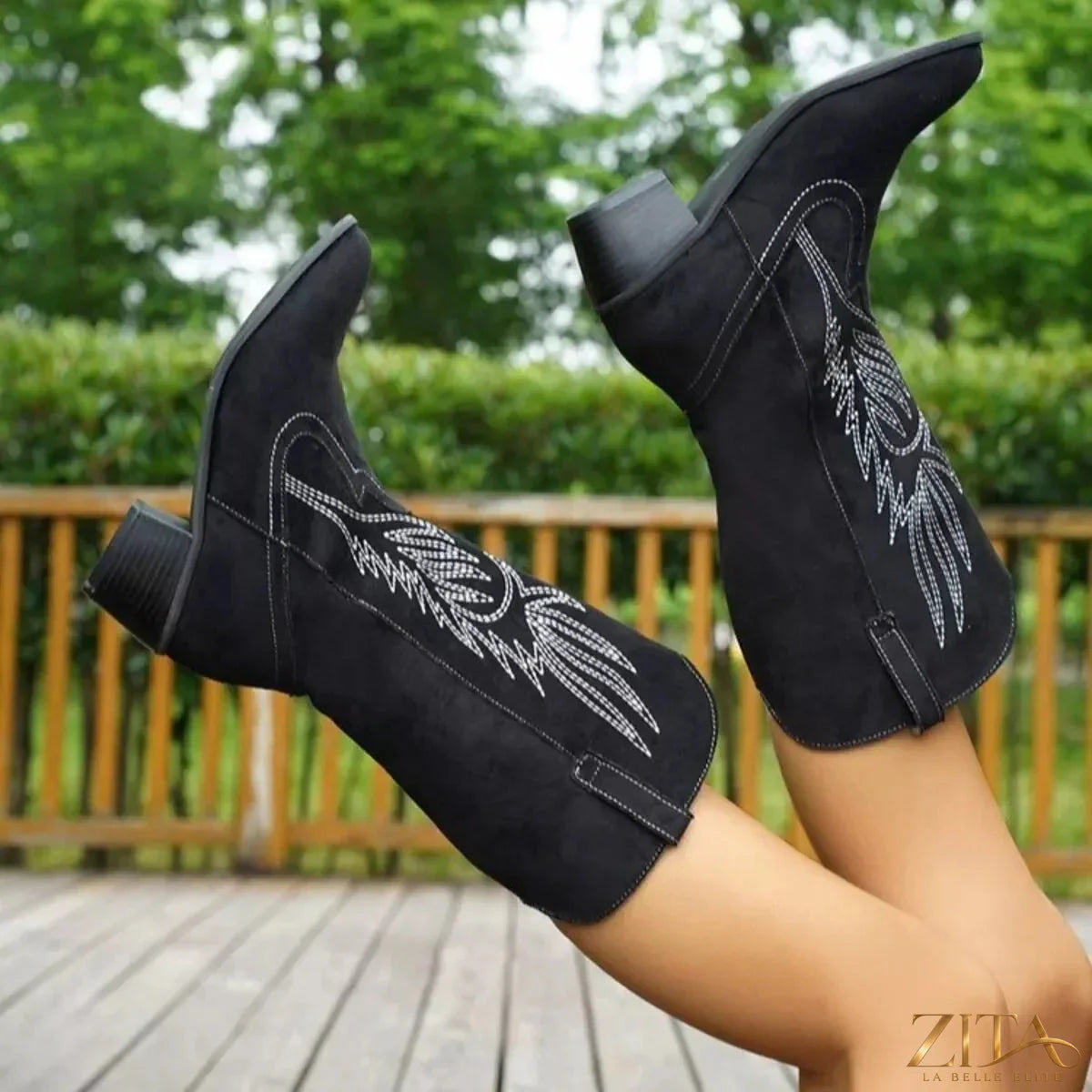 Zita La Belle Elite point toe block heel boots in sleek black leather, featuring a stylish ankle height and modern design.