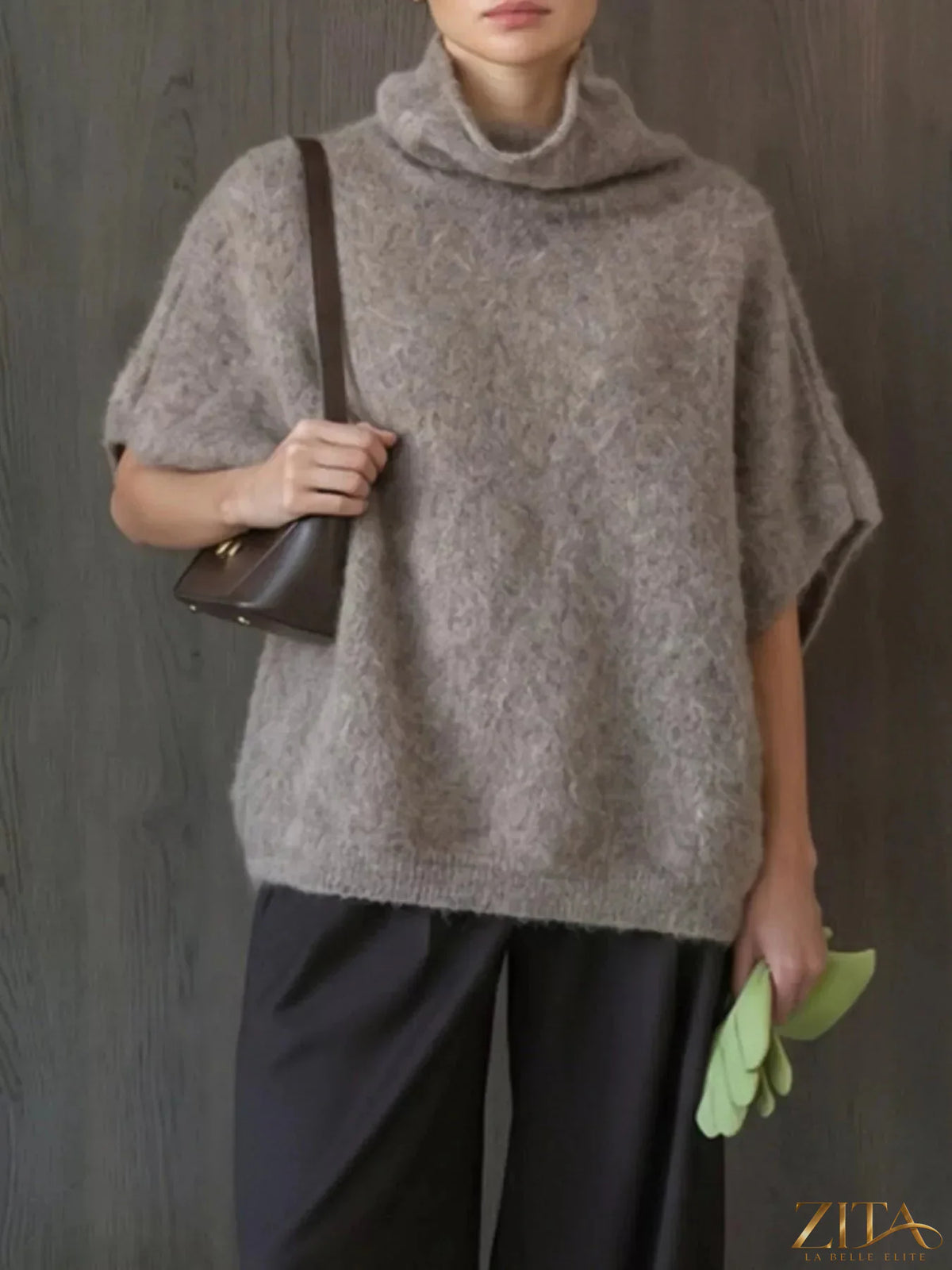 Zita La Belle Elite fuzzy short sleeve turtleneck sweater in cozy, soft fabric, ideal for layered winter fashion.