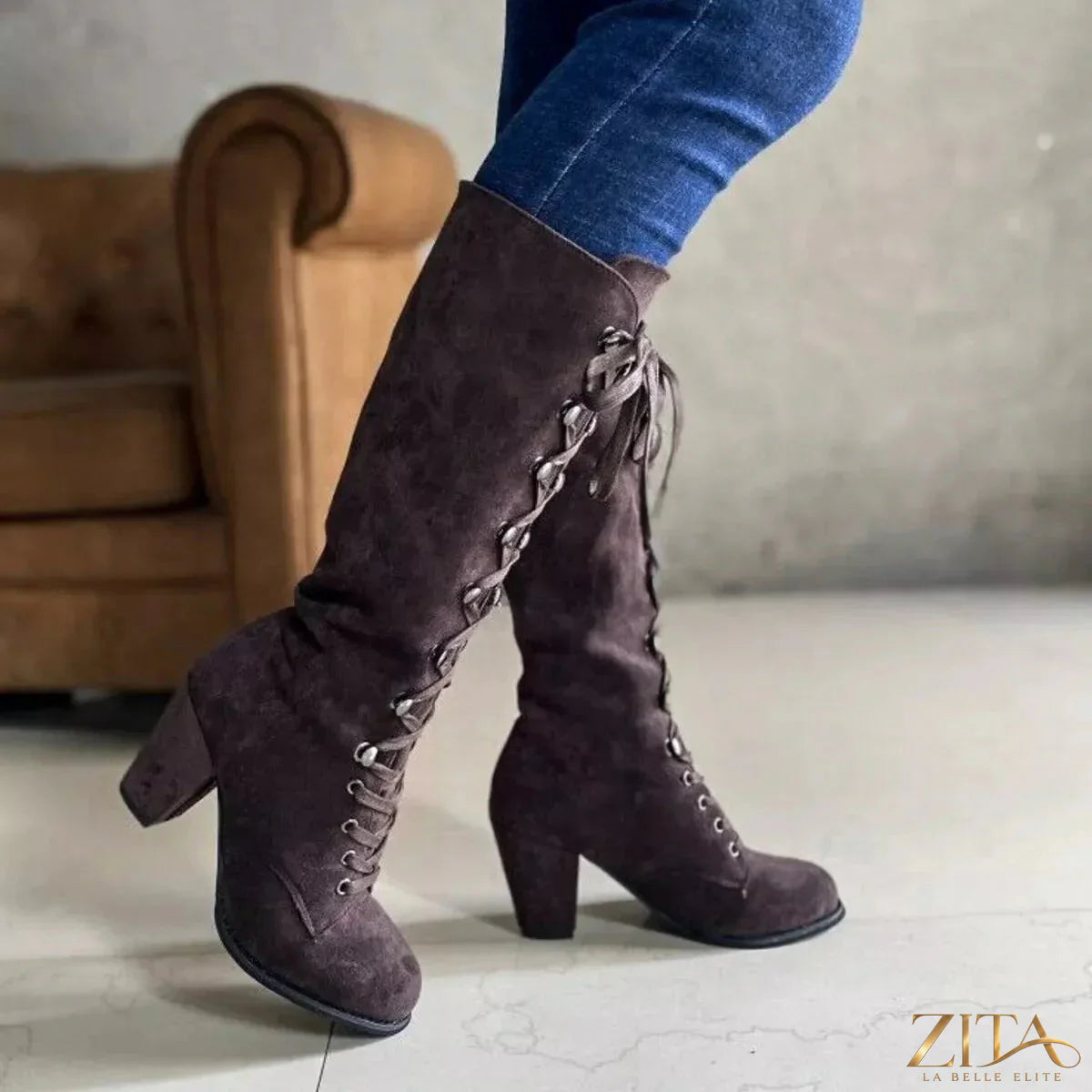 Zita La Belle Elite lace-up block heels boots with chunky heel and stylish design, shown in a close-up image.
