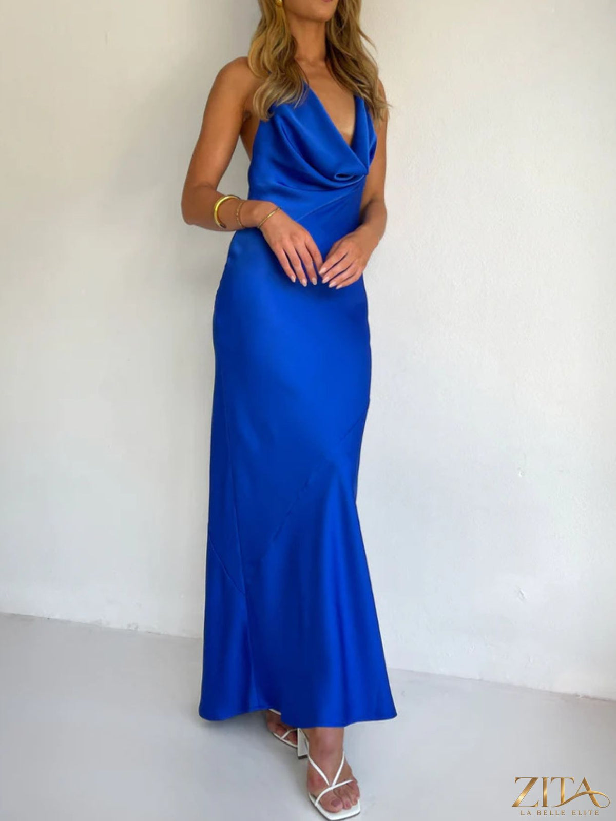 Zita La Belle Elite halter neck satin maxi dress with flowing fabric and elegant design, perfect for formal occasions.