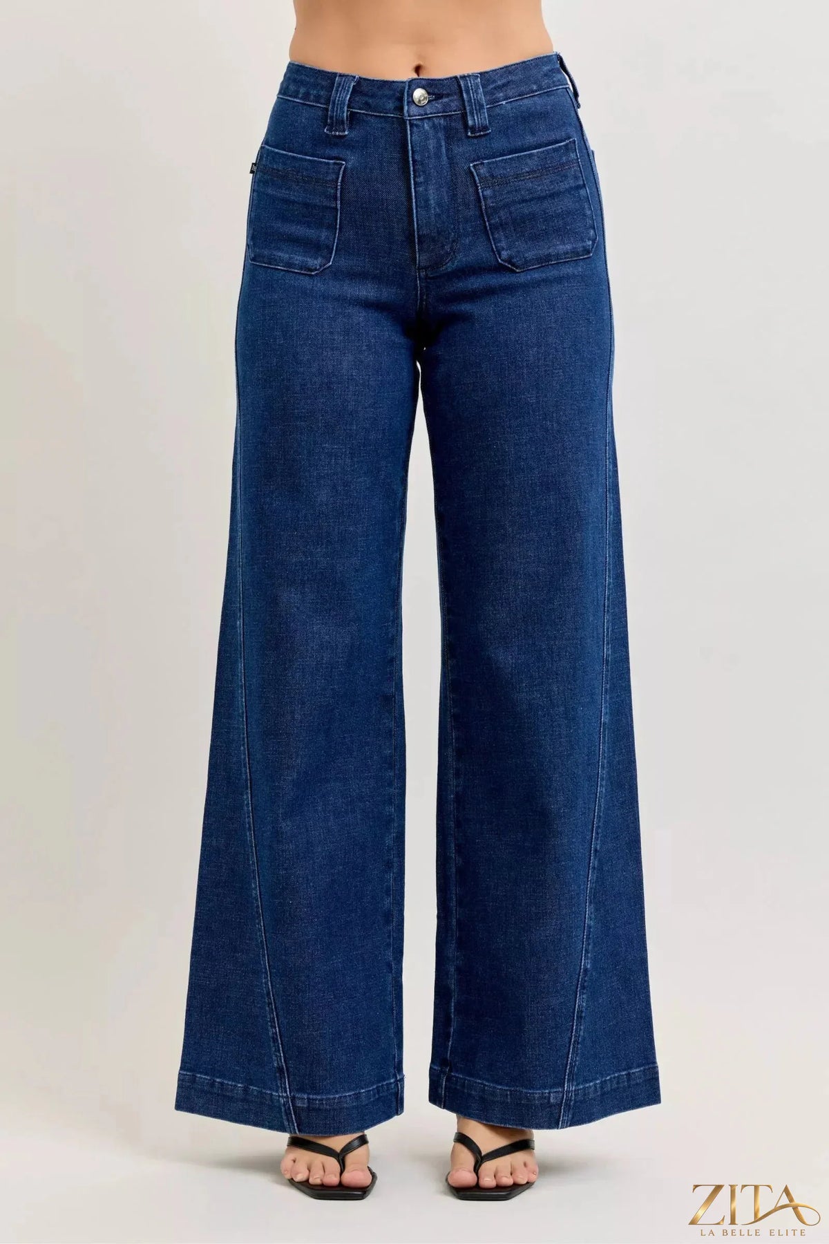 Zita La Belle Elite Judy Blue high-waisted retro wide-leg jeans displayed on a hanger with a light background.