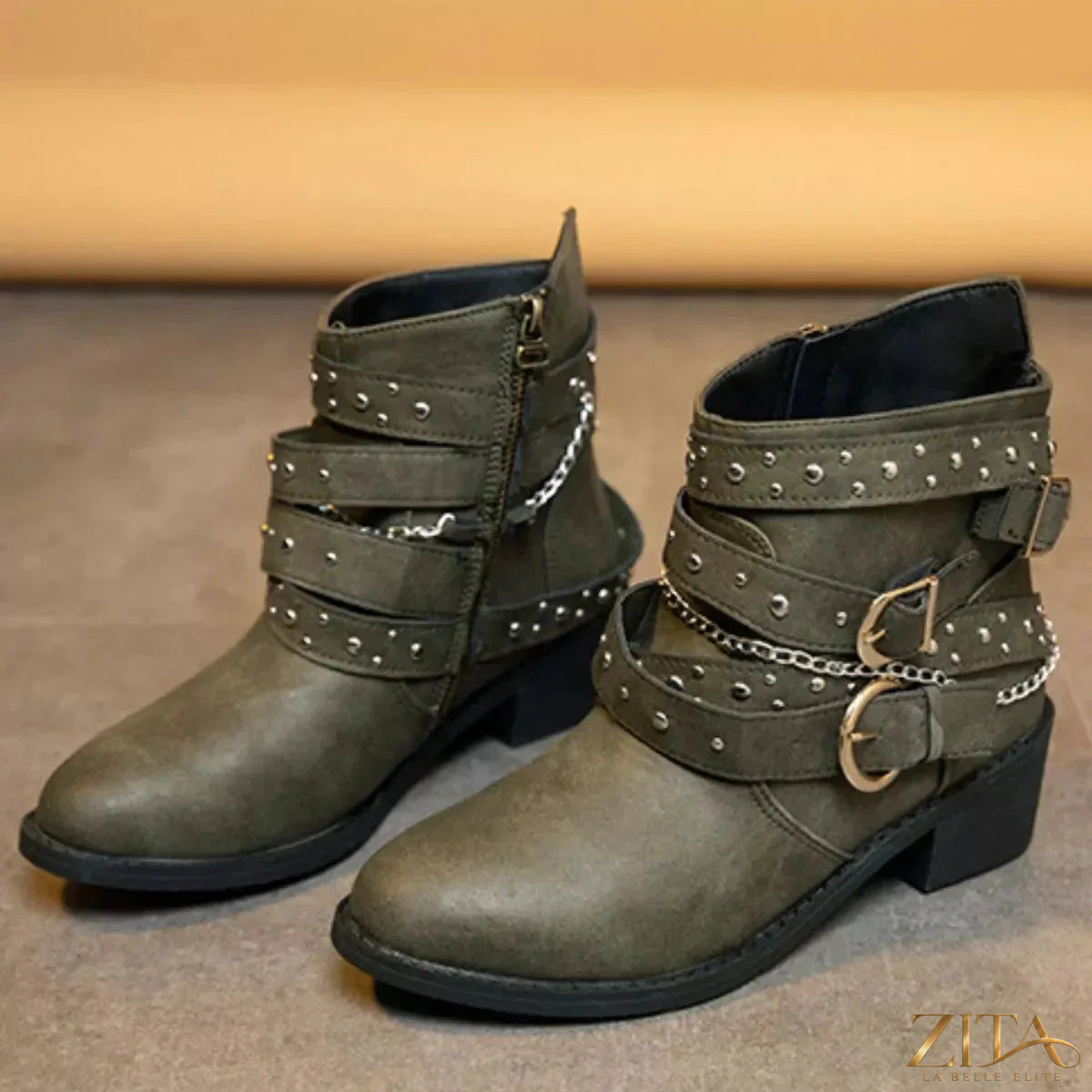 Zita La Belle Elite studded buckle ankle boots with leather straps and metal accents, stylish footwear for trendy outfits