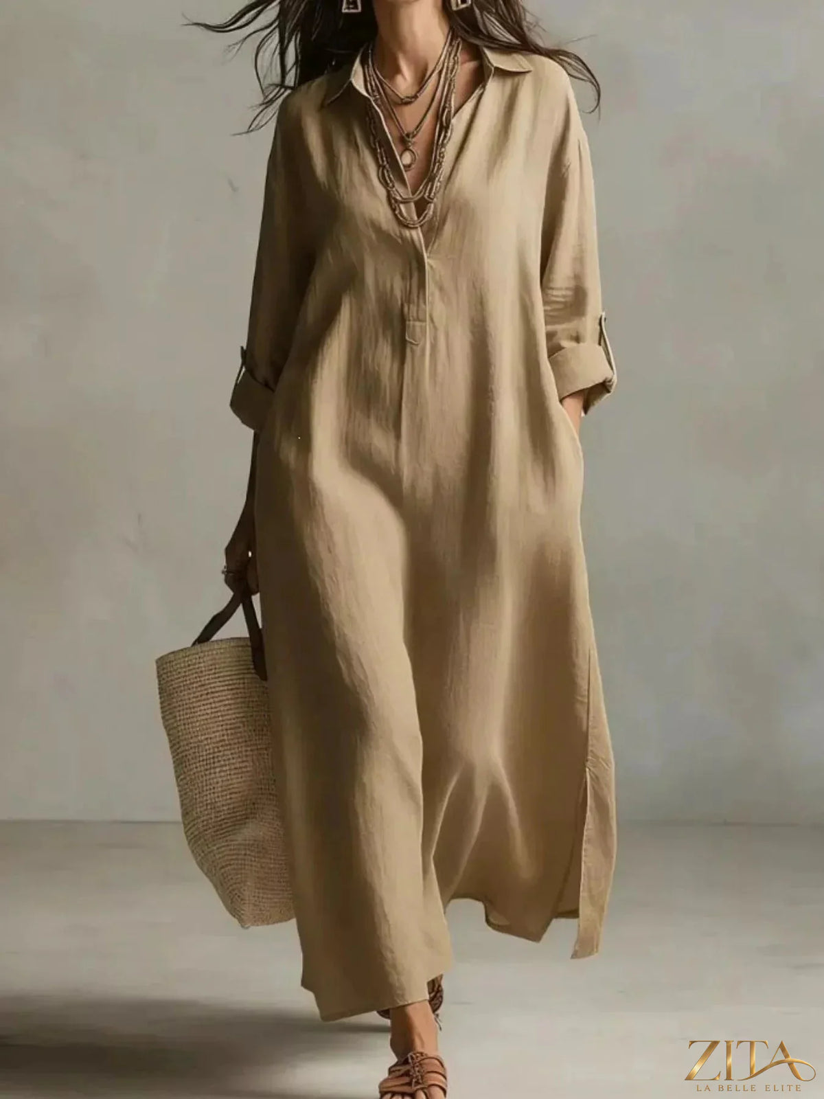 Plus size casual midi shirt dress by Zita La Belle Elite, featuring a full-length, relaxed fit with button front and collar detail.