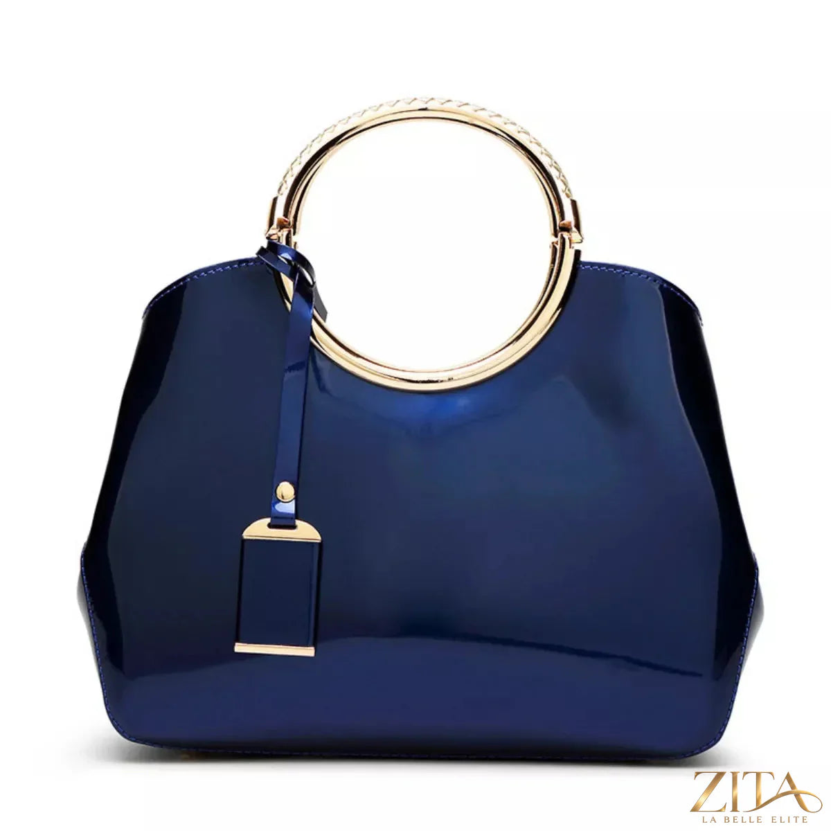 Glossy Zita La Belle Elite ring handle handbag with sleek design and shiny finish, featuring a stylish curved handle and elegant appearance.