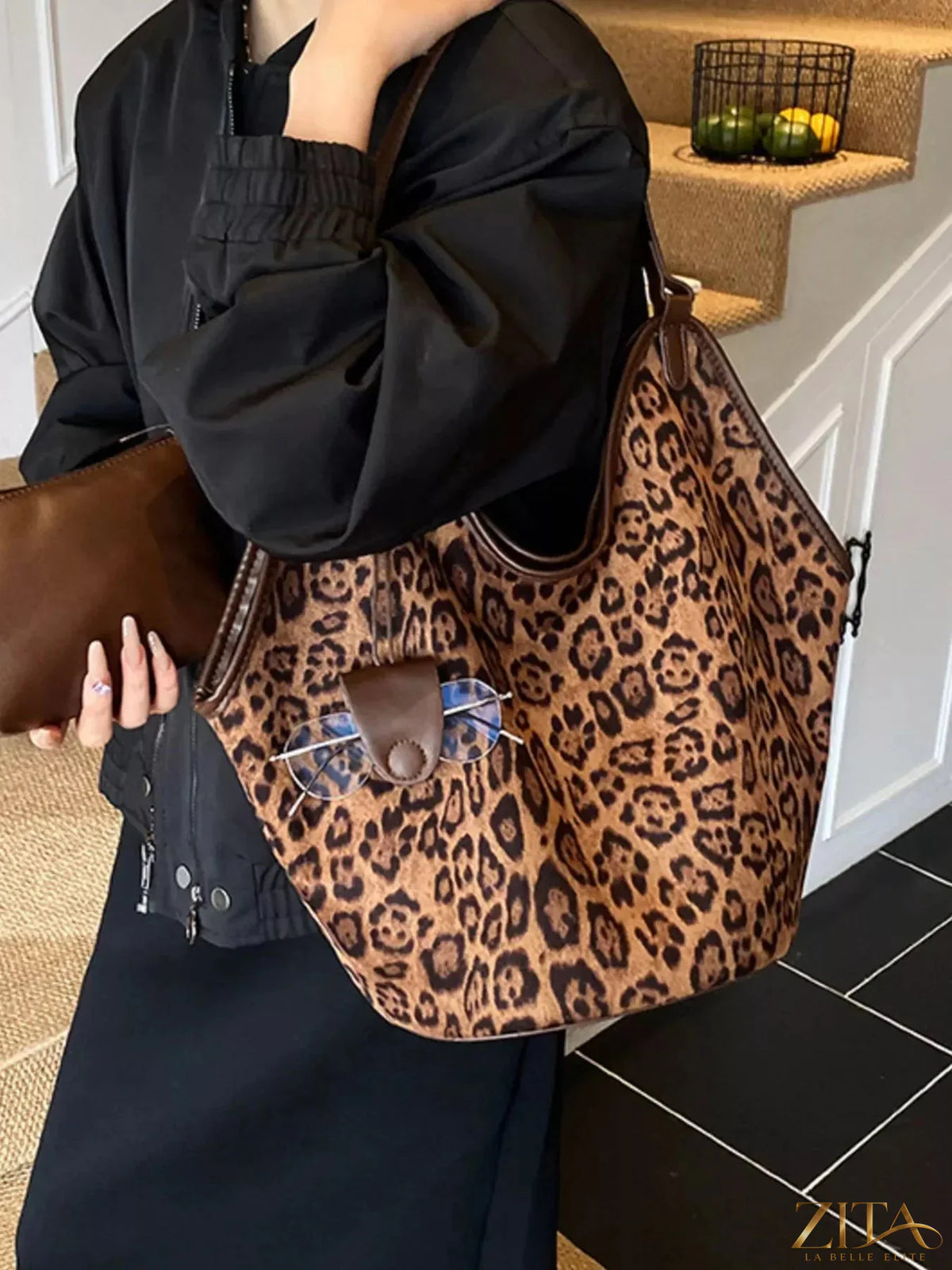 Leopard print large tote bag by Zita La Belle Elite, showing spacious design with sturdy handles and stylish animal print pattern.