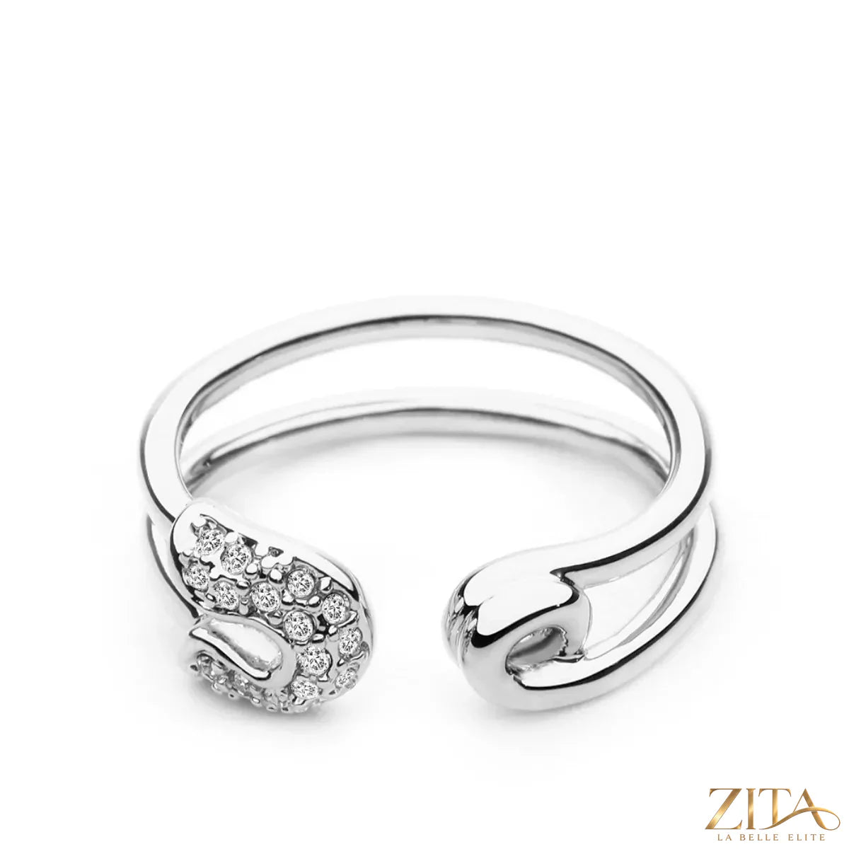Zita La Belle Elite zircon double band open ring with sparkling stones on silver-tone metal, stylish and elegant jewelry piece.