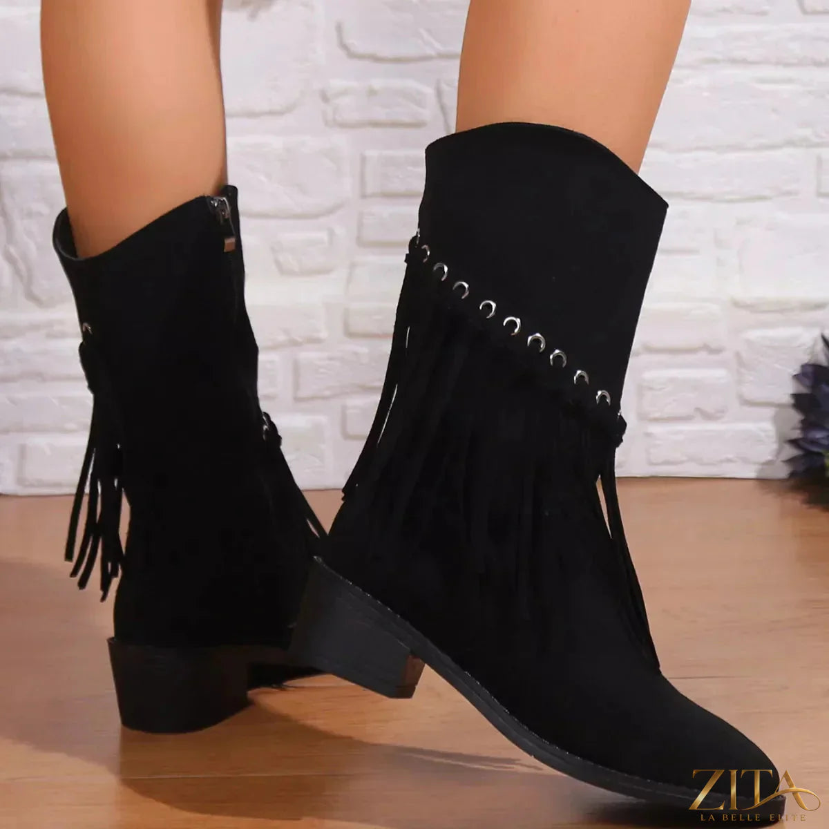 Zita La Belle Elite fringe Western block heel boots with leather upper and decorative fringe details, stylish cowboy-inspired footwear.