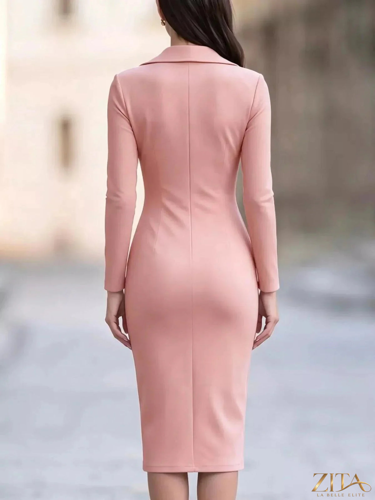 Elegant Zita La Belle Elite asymmetric zipper lapel bodycon midi dress displayed on a model, showcasing its stylish design and fitted silhouette.