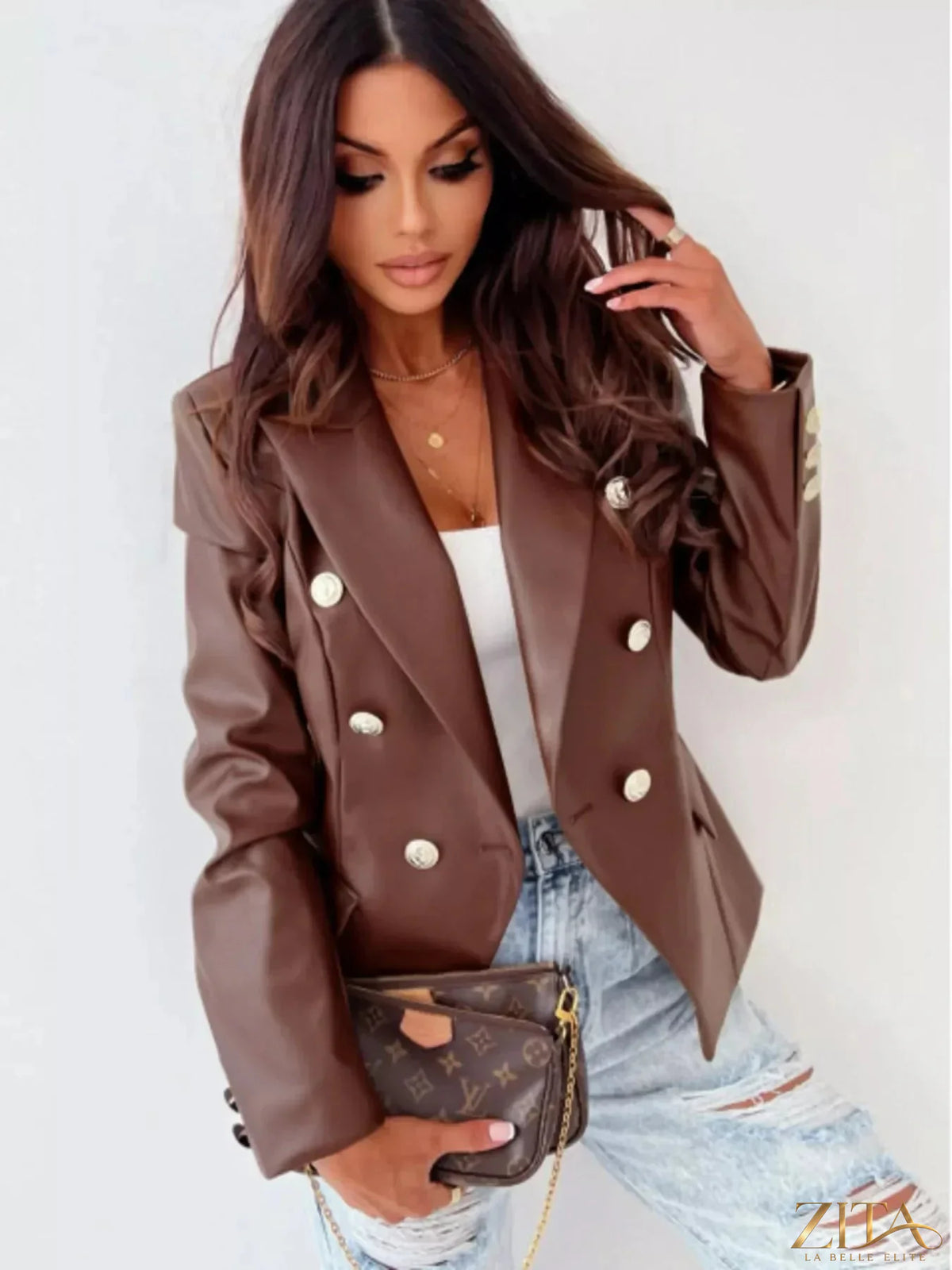 Zita La Belle Elite leather blazer with lapel collar, tailored fit, and sleek design, shown in a stylish close-up image.