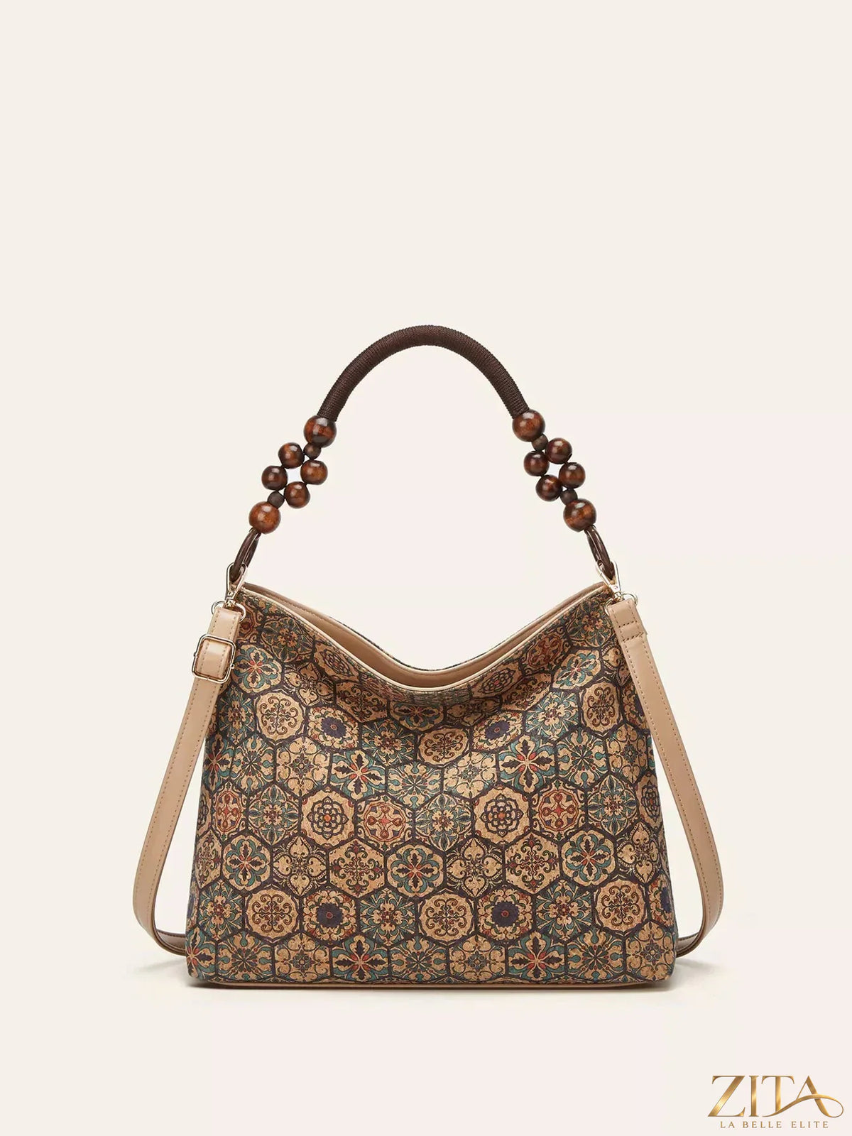 Zita La Belle Elite bohemian hobo handbag with geometric pattern, featuring a soft leather strap and colorful woven design.