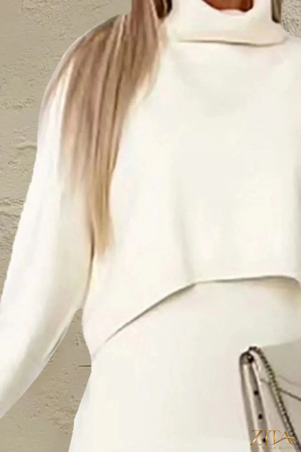 Zita La Belle Elite two-piece turtleneck sweater and dress set with dropped shoulders, stylish and cozy for winter wear.