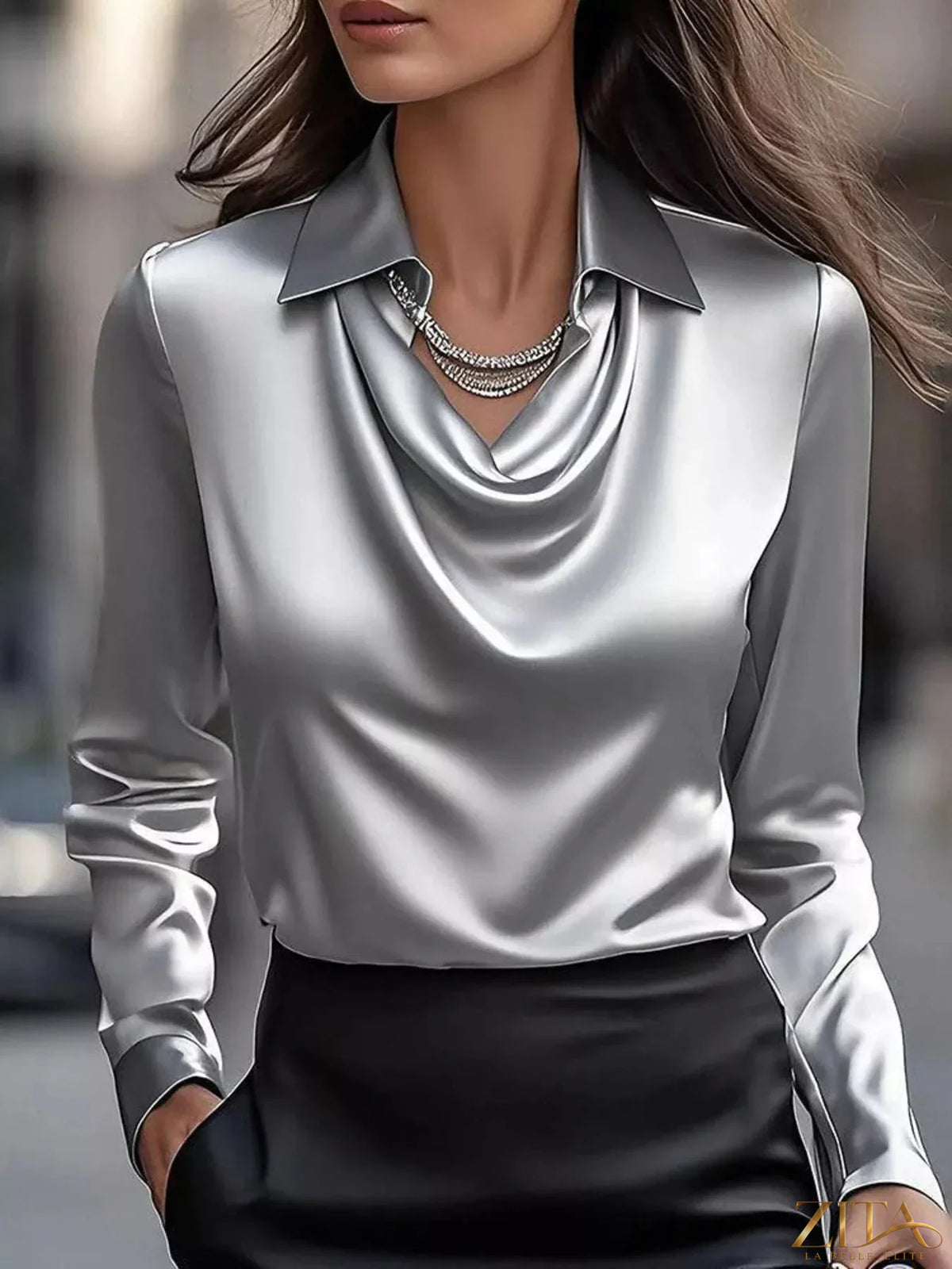 Plus size satin cowl neck long sleeve blouse by Zita La Belle Elite, shown in a full size with smooth satin fabric and elegant drape.