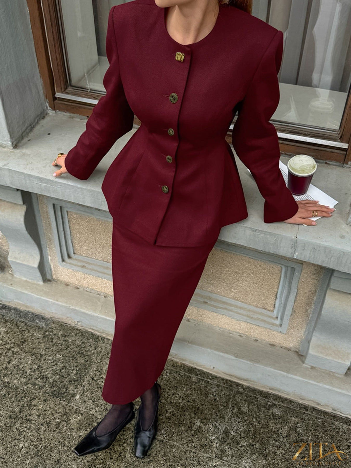 Zita La Belle Elite button-up peplum blazer and matching skirt set, tailored fit, in a stylish professional design.