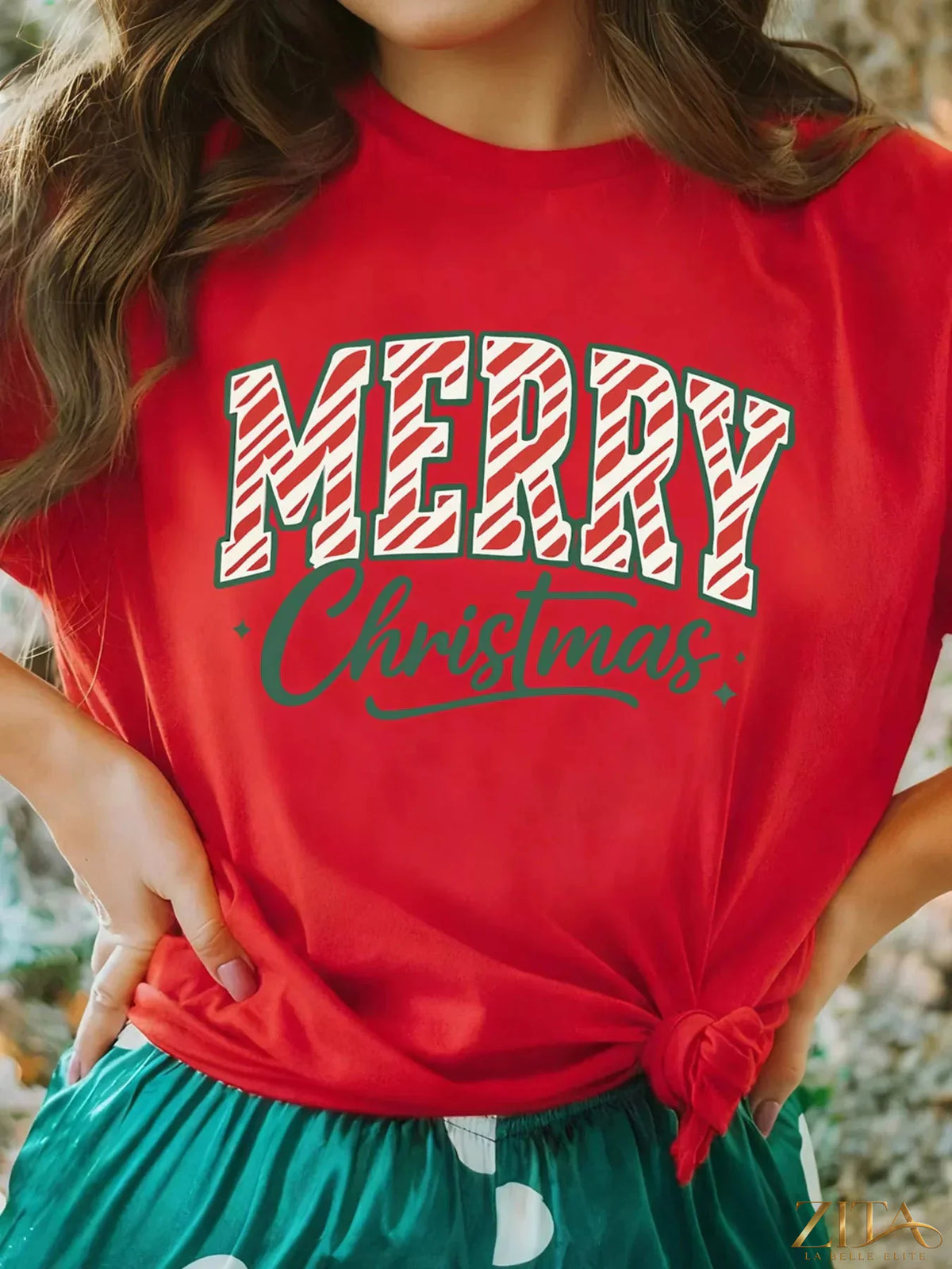 Red short sleeve Christmas graphic tee featuring festive holiday design by Trendsi, perfect for celebrating Christmas in style.