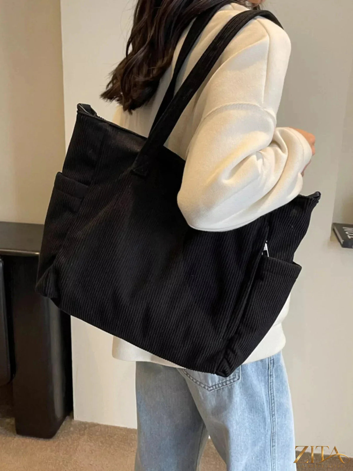 Zita La Belle Elite corduroy solid color handbag with top handles and minimalist design, perfect for casual or chic outfits.