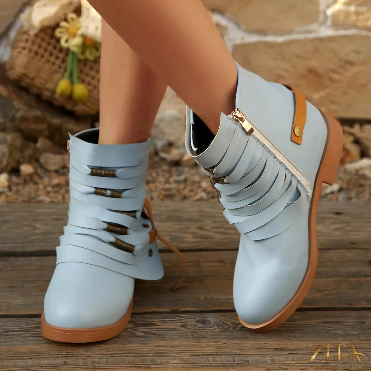 Zita La Belle Elite strappy buckle ankle boots with cut-out design and block heel, stylish footwear for casual or dressy wear.