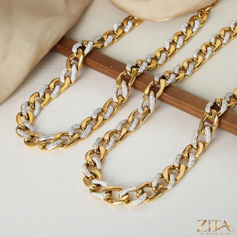 Zircon Titanium Steel Chunky Chain Necklace by Zita La Belle Elite featuring large, polished links and sparkling zircon accents.
