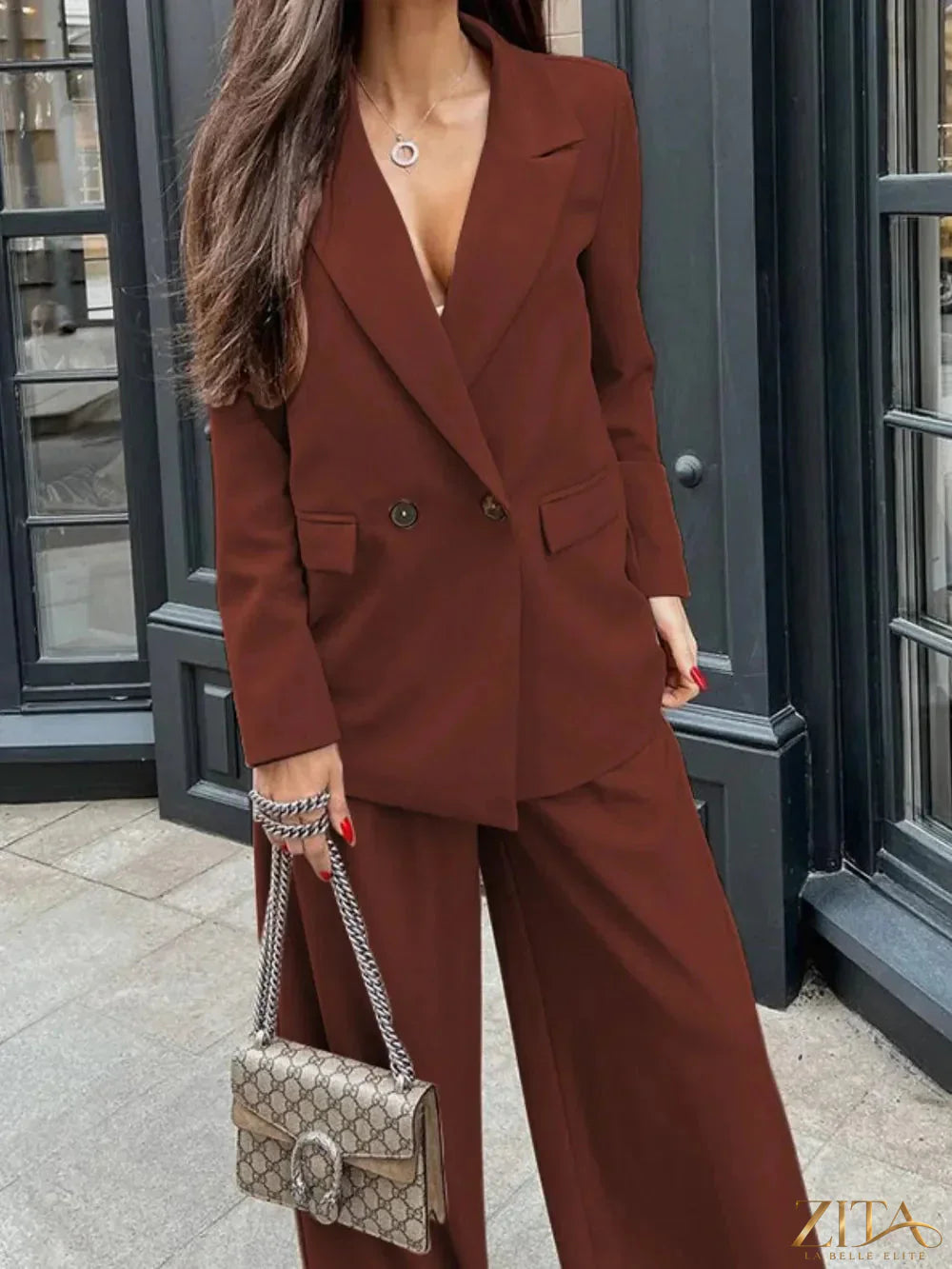 Zita La Belle Elite buttoned lapel collar long sleeve blazer and matching pants set, stylish formal outfit for women.