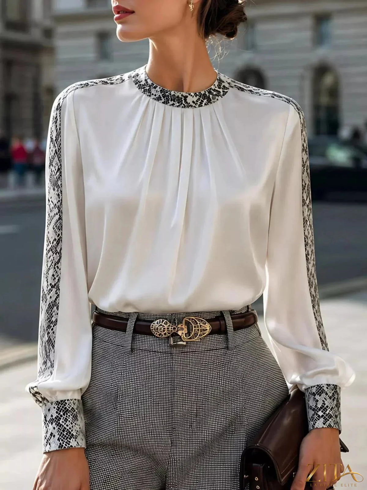 Zita La Belle Elite snake print satin blouse with contrast trim and long sleeves, stylish and elegant women's top.
