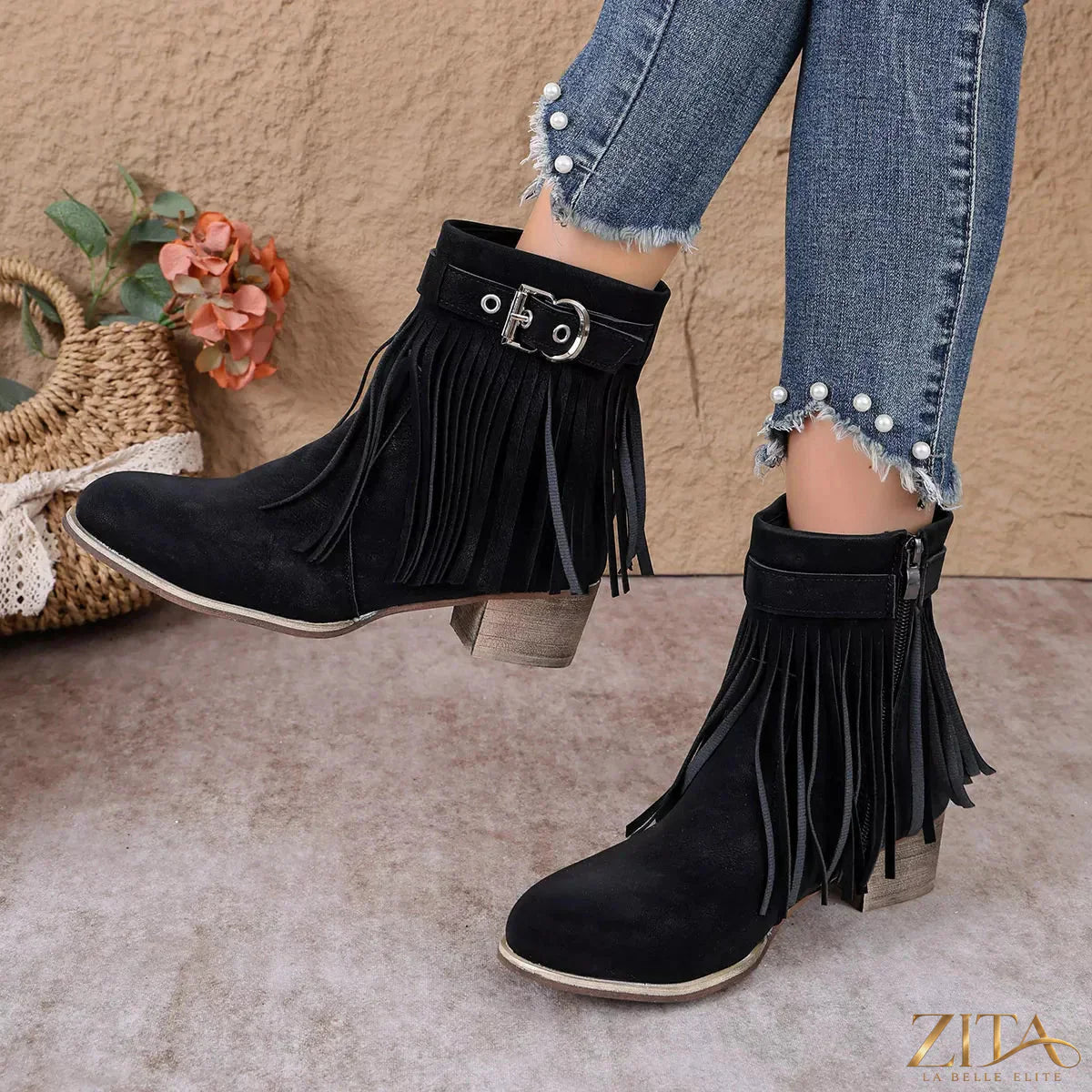 Zita La Belle Elite Fringe Ankle Boots with buckle detail, featuring tassels and stylish leather design.