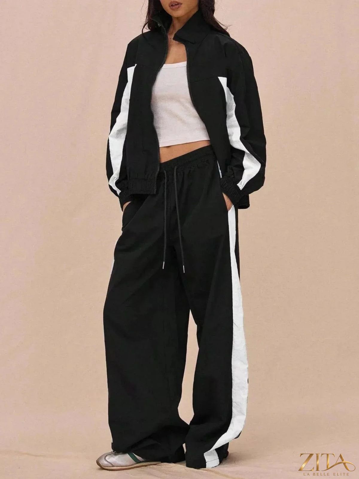 Zita La Belle Elite color-block tracksuit and wide-leg pants set, featuring vibrant color panels and comfortable fit.