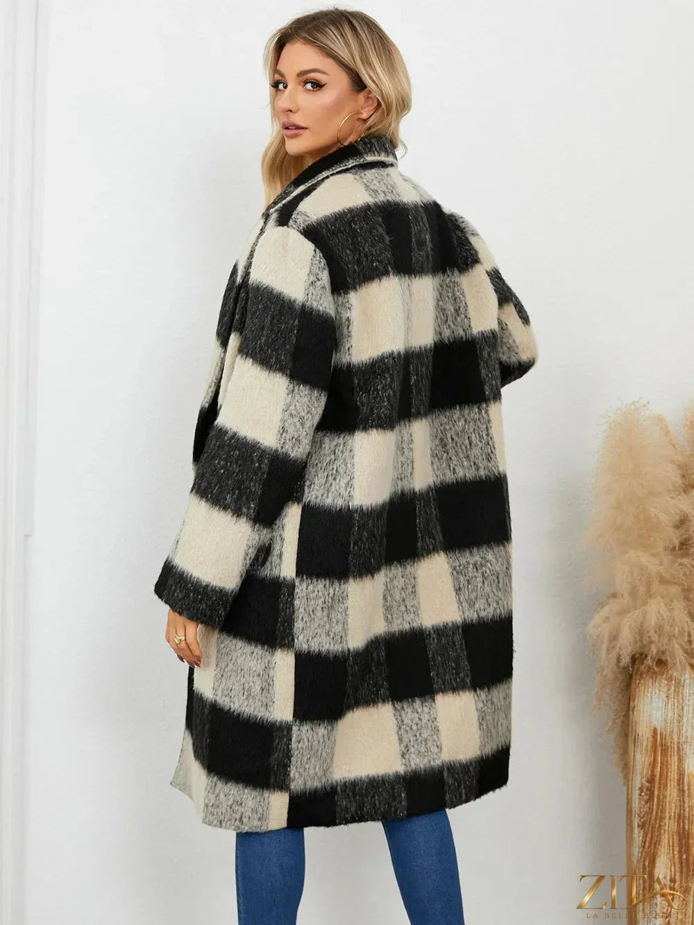 Zita La Belle Elite plaid double-breasted long sleeve coat with classic pattern and tailored fit, displayed on a mannequin.