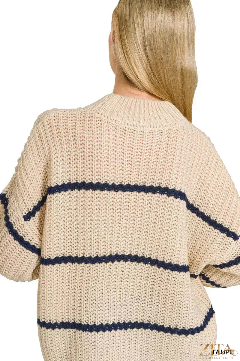 Zita La Belle Elite Zenana oversized striped sweater in navy and white, featuring a relaxed fit and cozy knit fabric.