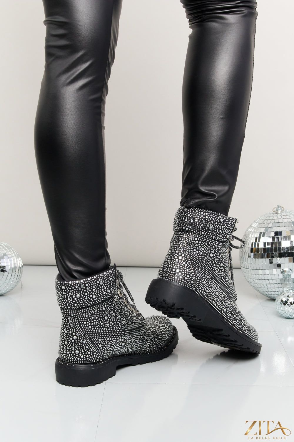 Zita La Belle Elite Forever Link rhinestone lace-up combat boots with studded details and chunky sole, stylish and edgy footwear.