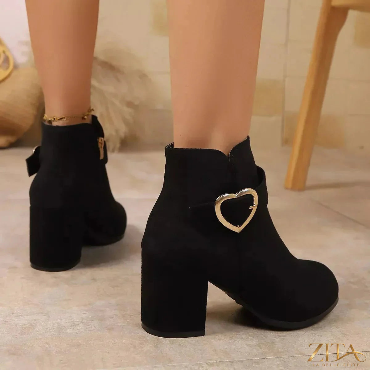 Zita La Belle Elite round toe block heel boots in black leather with sturdy heel and stylish design.