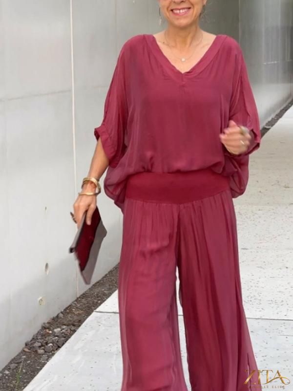 Zita La Belle Elite solid-color chiffon two-piece casualwear set in various colors, featuring a relaxed fit for women.