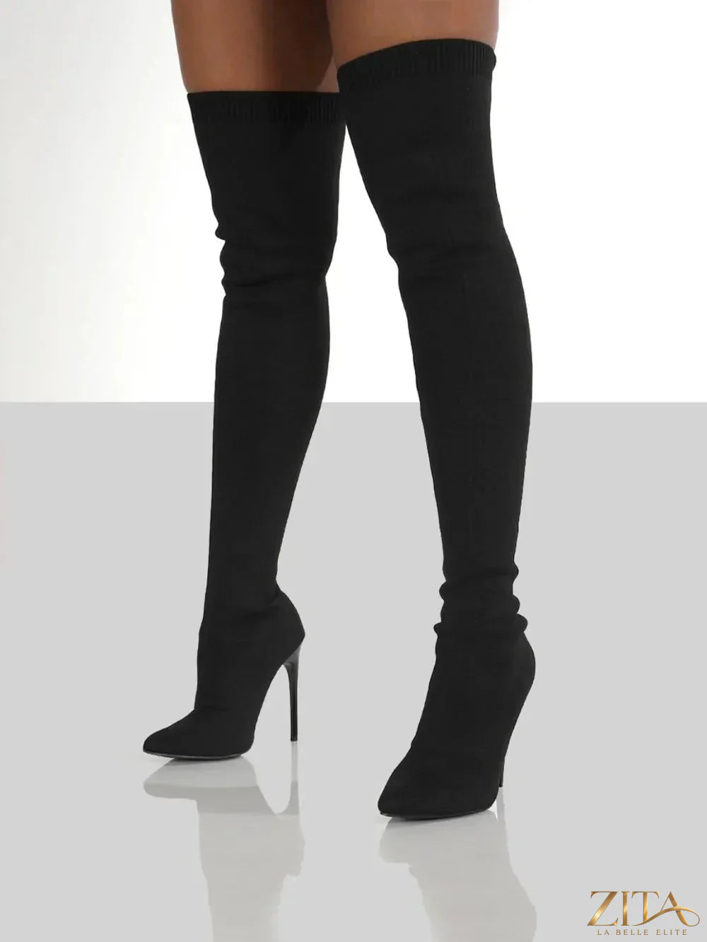 Zita La Belle Elite point toe over knee stiletto boots in black leather with sleek design and high heel.