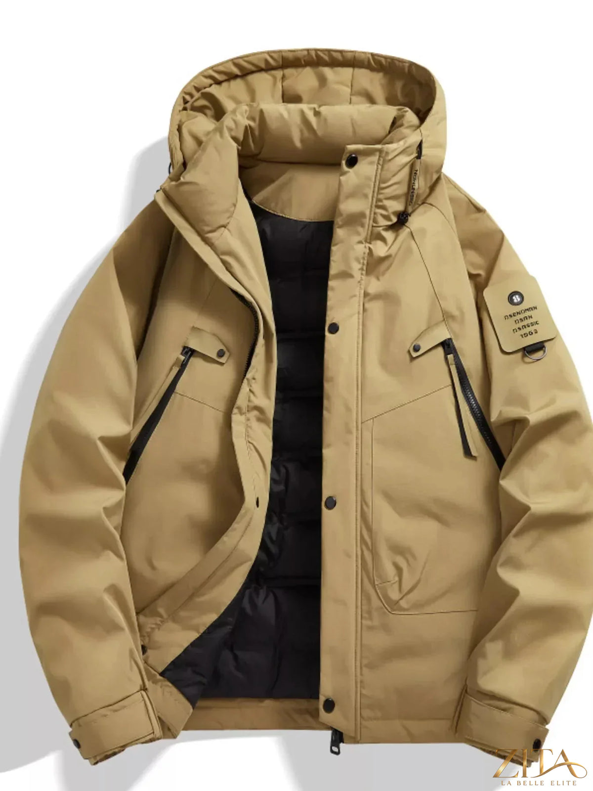 Plus size men's hooded snap-down jacket by Zita La Belle Elite, featuring a stylish hood and snap front design.
