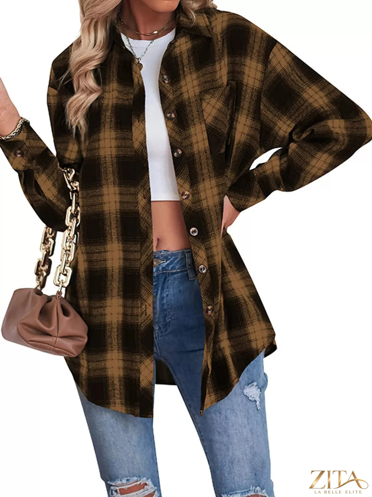Zita La Belle Elite plaid button-down oversized shirt with a relaxed fit, featuring a classic checkered pattern and collar detail.