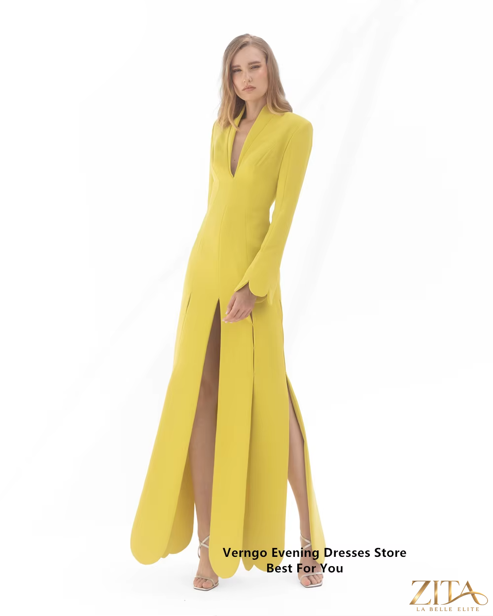 Yellow satin long sleeve formal gown with V-neck and split A-line skirt by Zita La Belle Elite, featuring elegant design and soft fabric.
