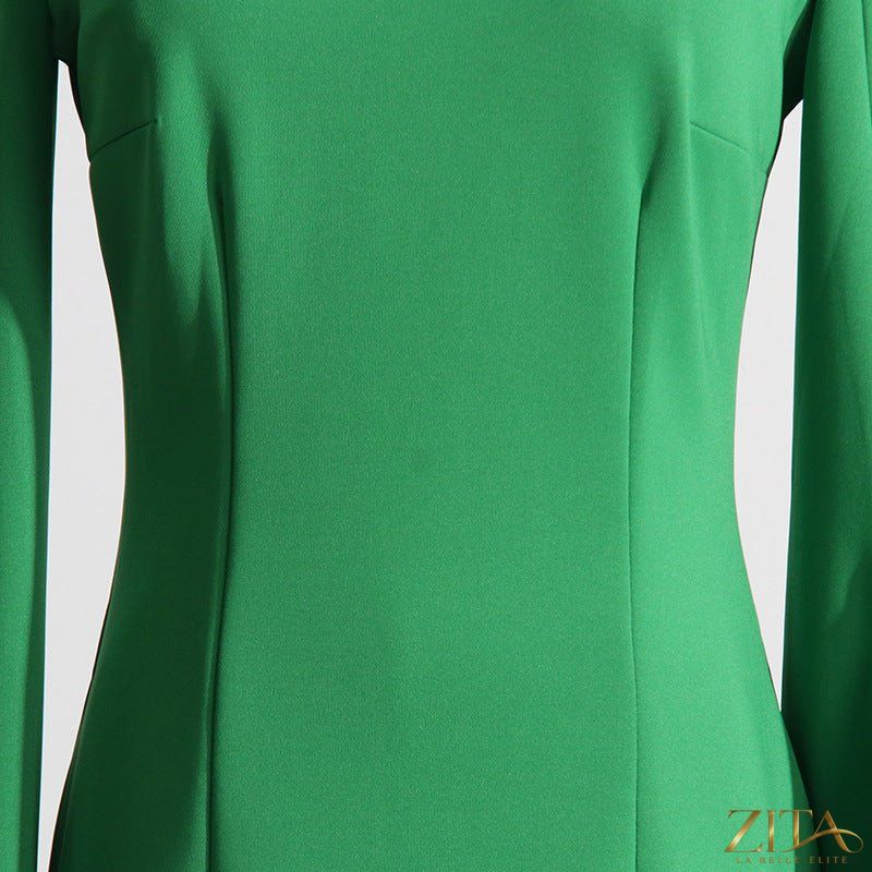 Zita La Belle Elite cape sleeve evening gown with scalloped neckline, fitted silhouette, and back slit, perfect for formal occasions.