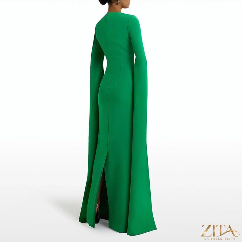 Zita La Belle Elite cape sleeve evening gown with scalloped neckline, fitted silhouette, back slit, and elegant maxi design.