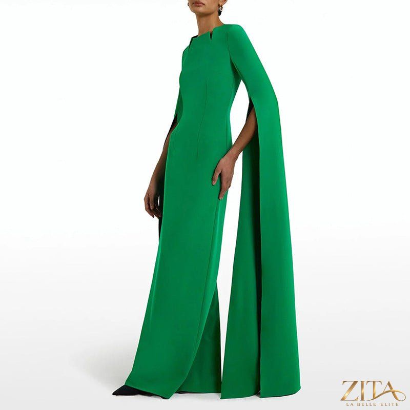Zita La Belle Elite cape sleeve evening gown with scalloped neck, fitted silhouette, and back slit, designed for elegant occasions.